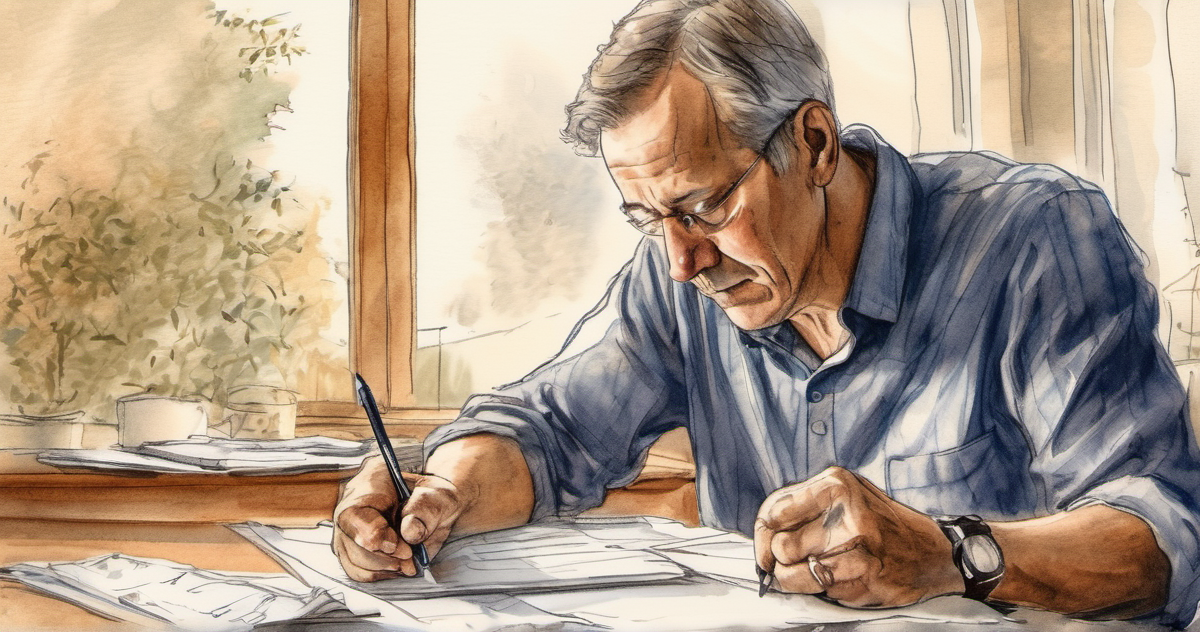 watercolor sketch of man reading documents